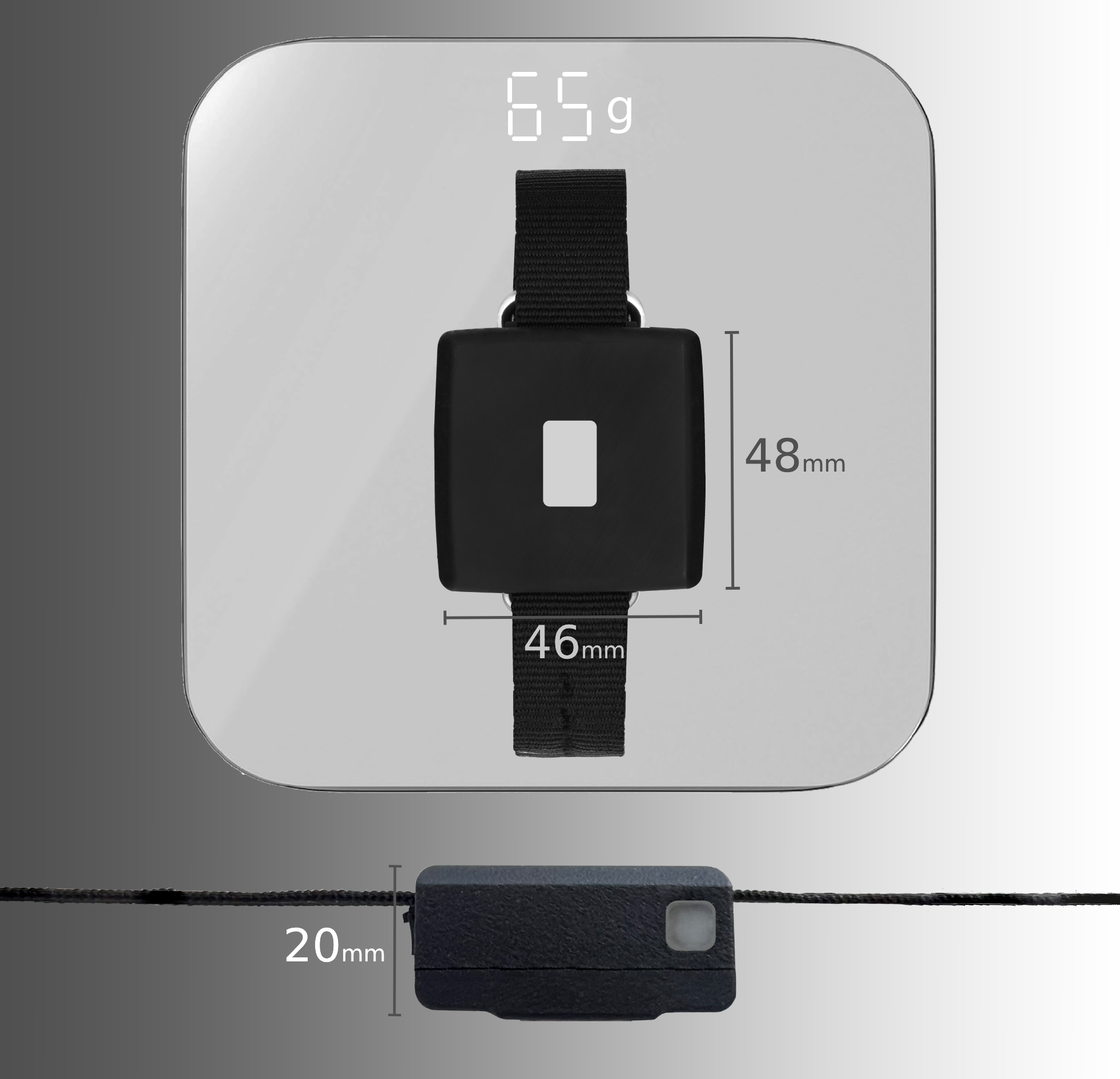 نمایش مشخصات فنی دستگاه راد: ابعاد کوچک ۴۸x۴۶x۲۰ میلیمتر و وزن سبک ۶۵ گرم.